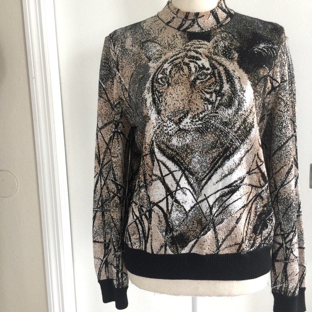 St. John Collection Tiger Mock Neck Long Sleeve Sweater w/Rhinestones Large
